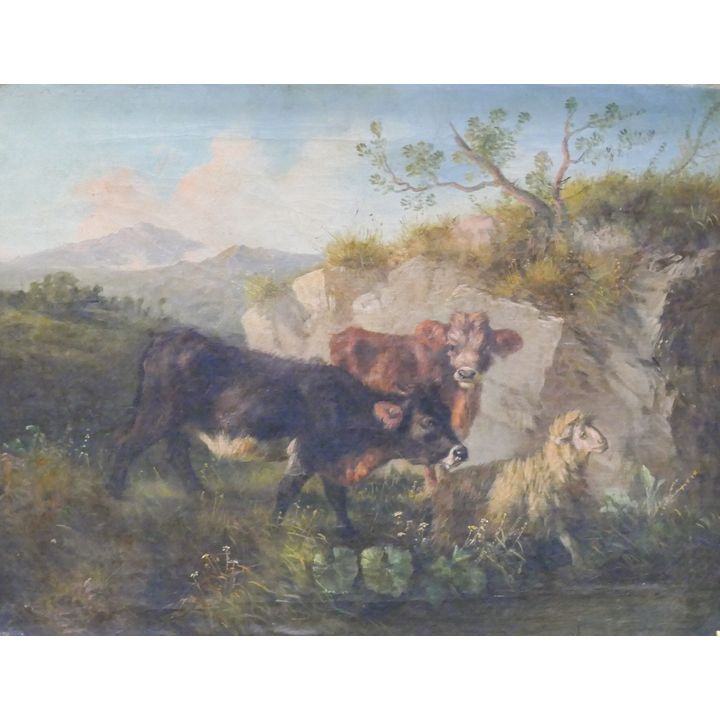 Antique European Pastoral Scene Oil on Canvas Gilt Framed 18''x22''