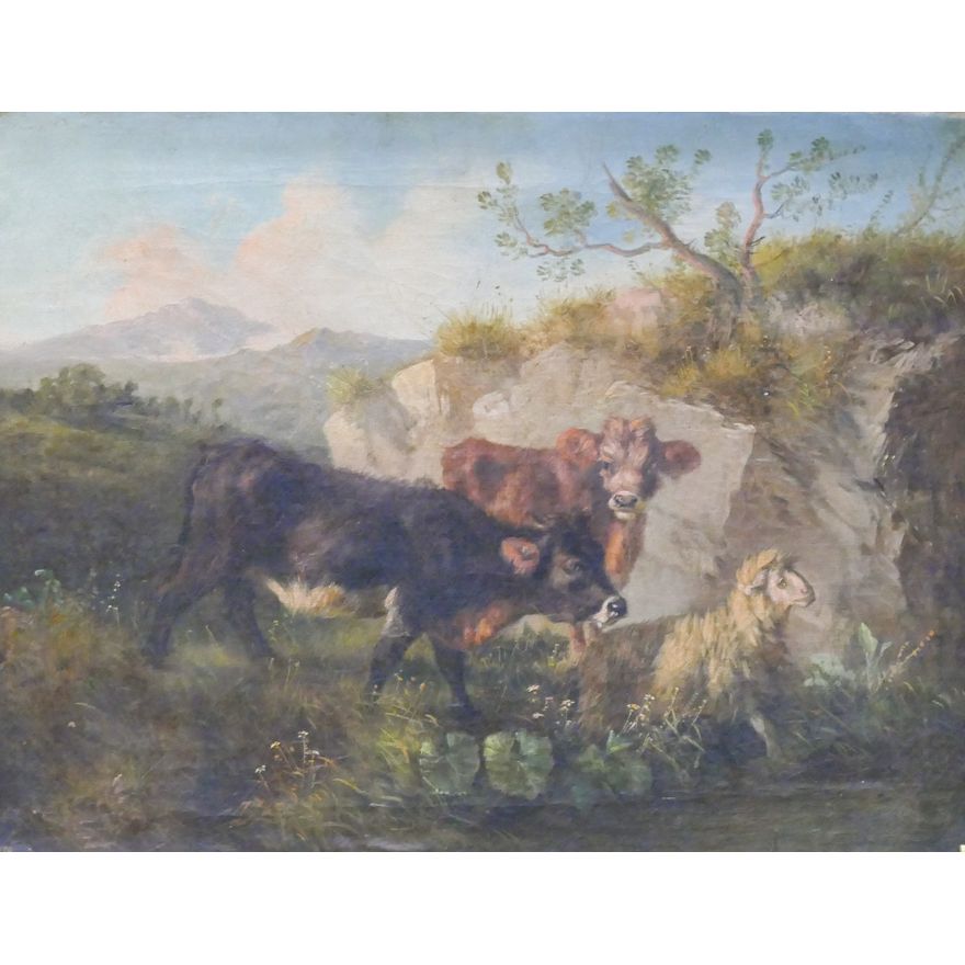 Antique European Pastoral Scene Oil on Canvas Gilt Framed 18''x22''