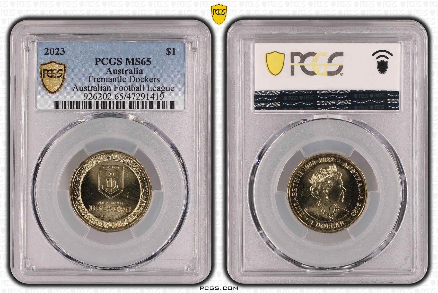 289 · Elizabeth II, AFL- Fremantle Dockers , One Dollar, 2023, PCGS MS65