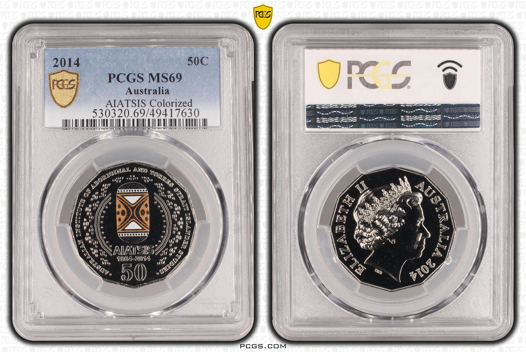 135 · AIATSIS Colourised, Fifty Cent, 2014, PCGS MS69