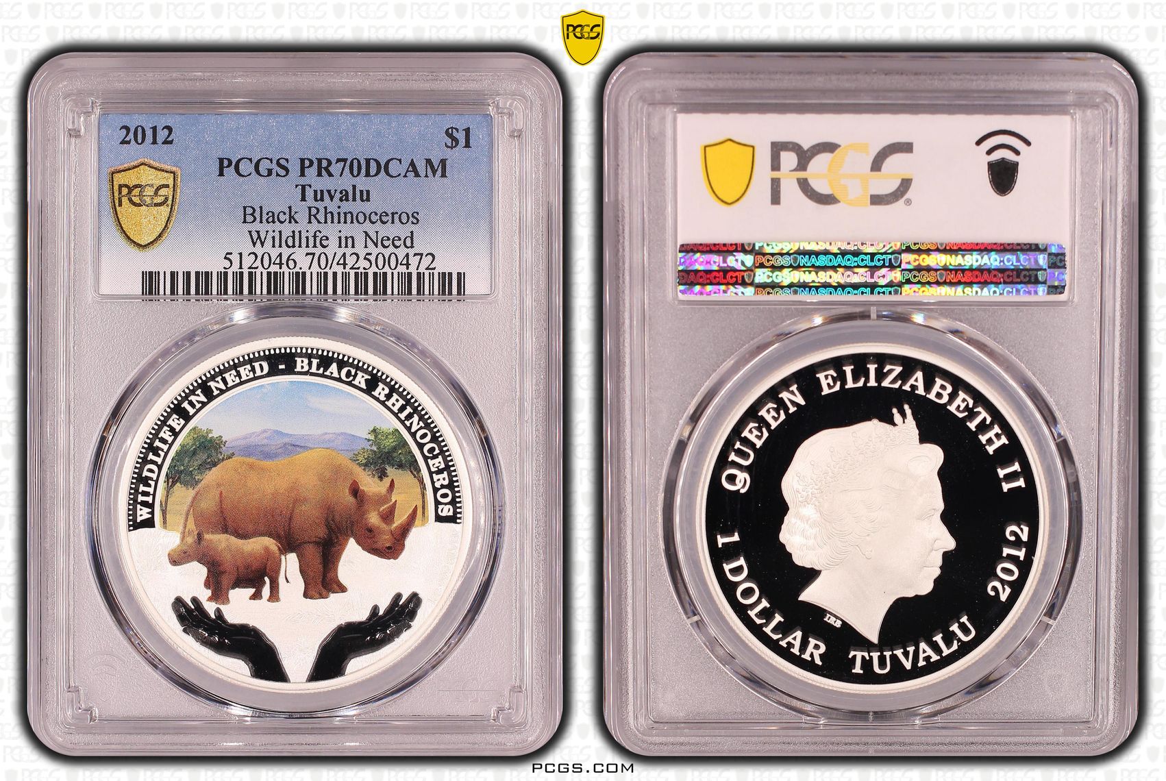 Tuvalu, Black Rhinoceros - Wildlife in Need Colorized, POP 5/0, One Dollar, 2012, PCGS PR70DCAM