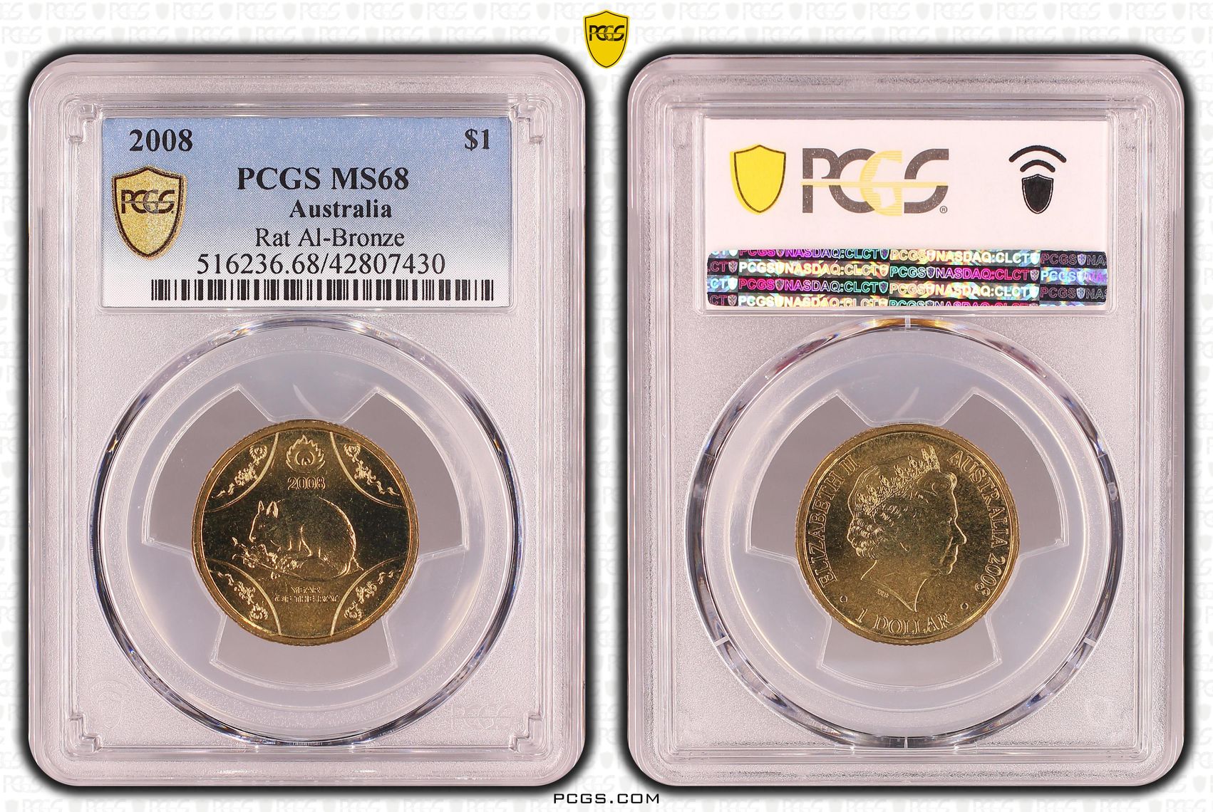 Elizabeth II, Rat, Al-Bronze, One Dollar, MS68 , 2008 PCGS POP - 2/0