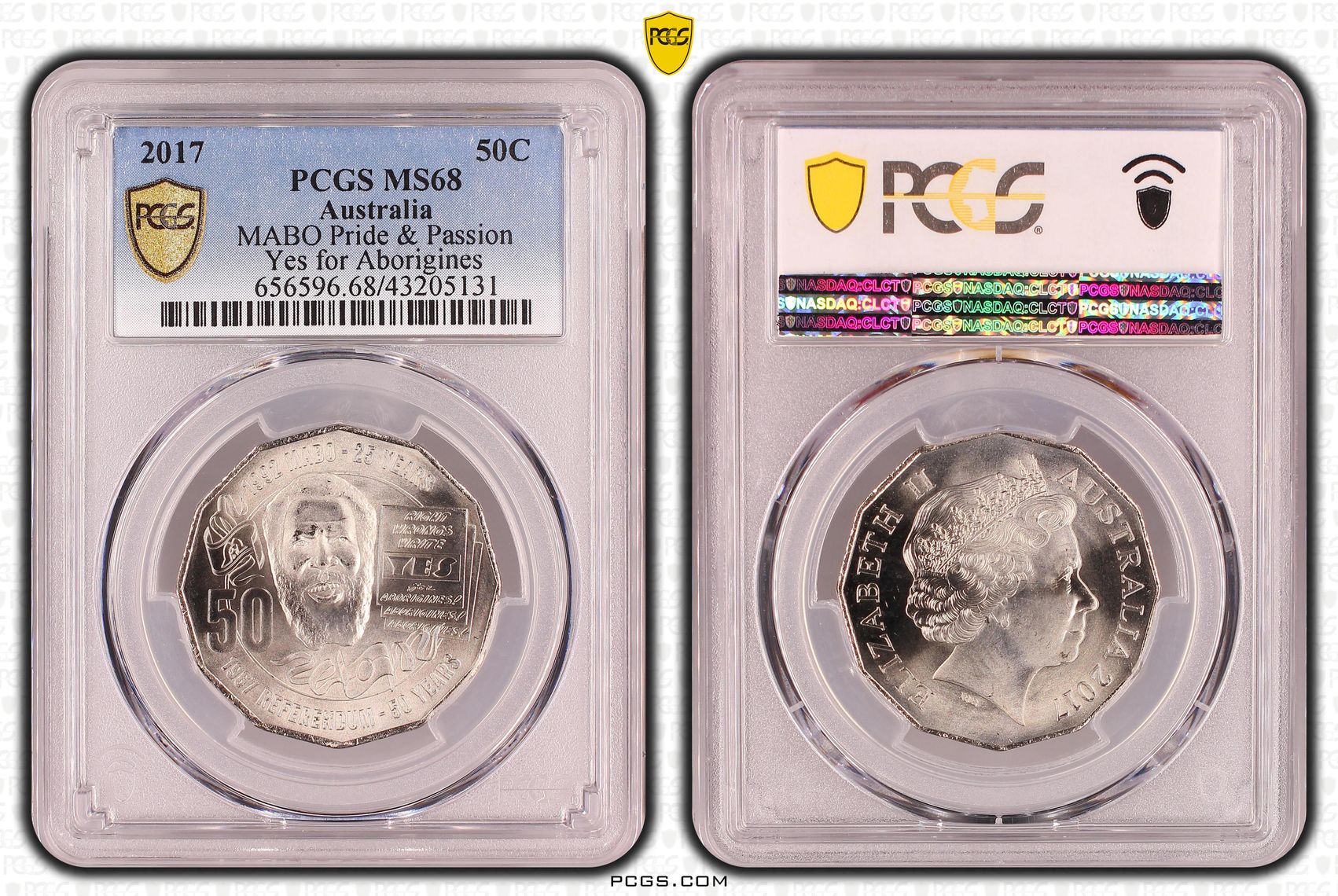 142 · 2017 Australia Fifty Cent, 50c MABO Pride & Passion Yes for Aborigines PCGS - MS68 POP 6/0 -131