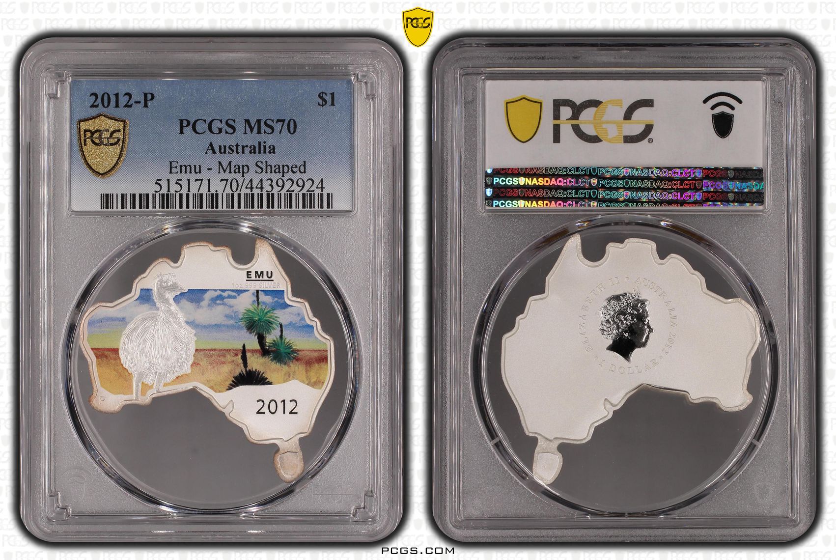 2012-P Australia One Dollar, $1 99.9% Silver Emu - Map Shaped PCGS - MS70 POP 1/0 -924