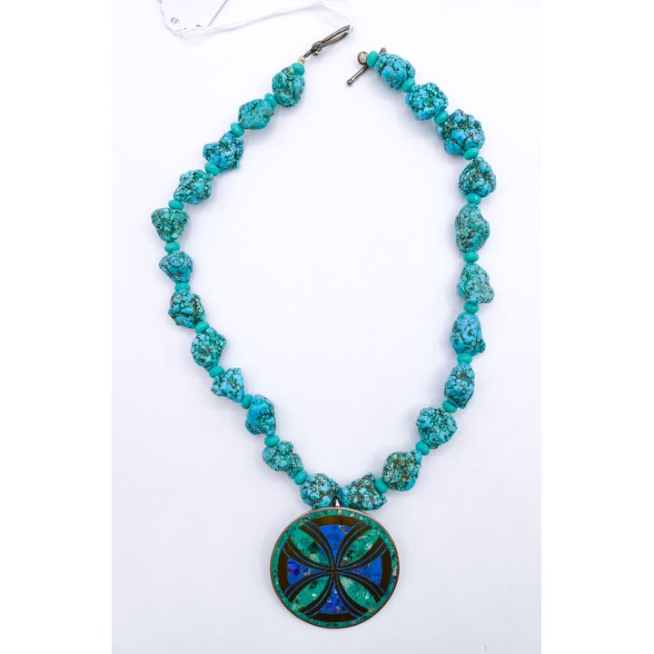 Natural Turquoise Bead Necklace with Inlaid Sterling Pendant 18''