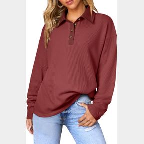 SHEWIN POLO SHIRTS FOR WOMEN CASUAL WAFFLE KNIT V NECK COLLARED LONG SLEEVE SHIRT BUTTON TUNICS TOPS EVERGREEN XL