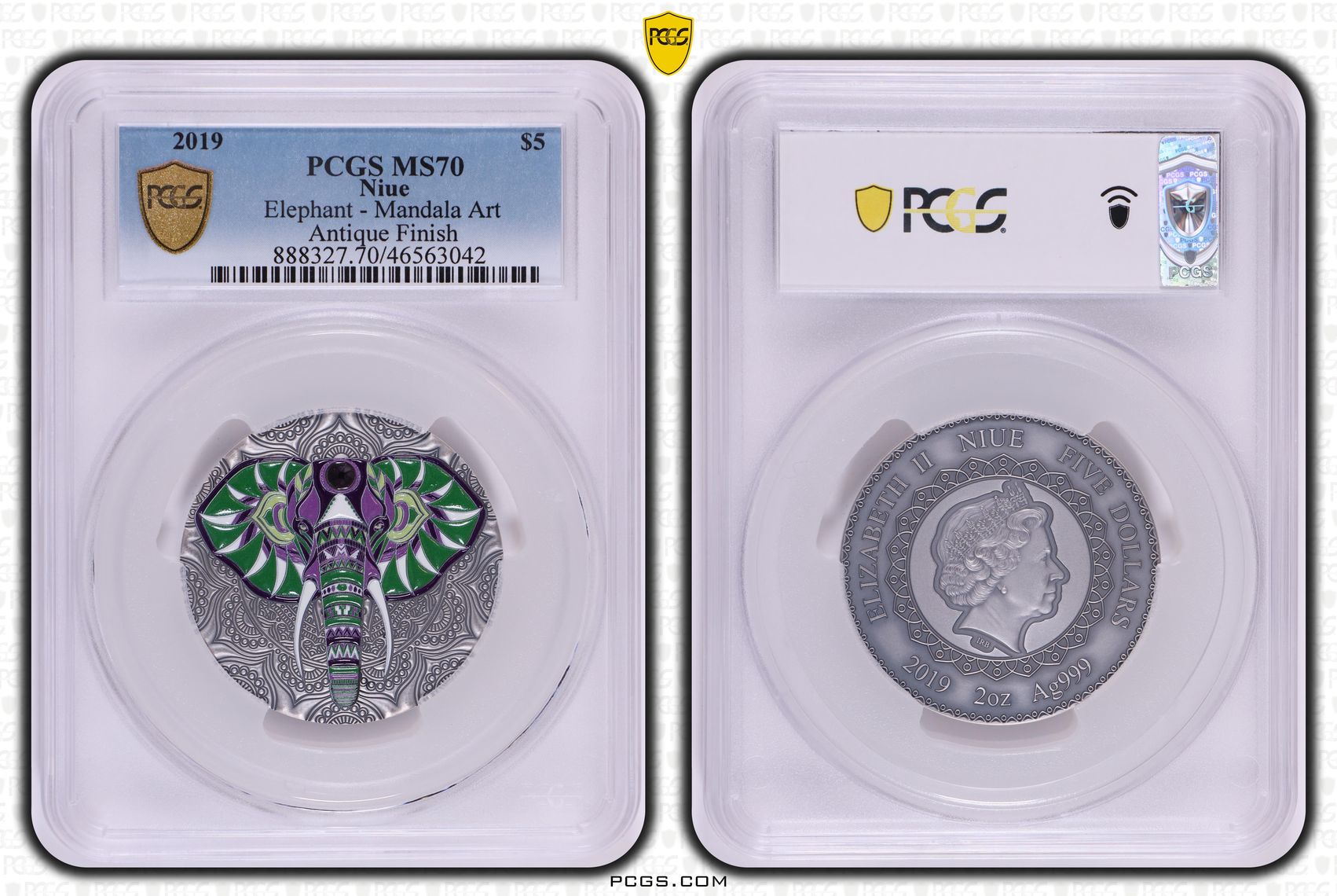 Niue, Elephant - Mandala Art - Antique Finish, POP 2/0, Five Dollar, 2019, PCGS MS70