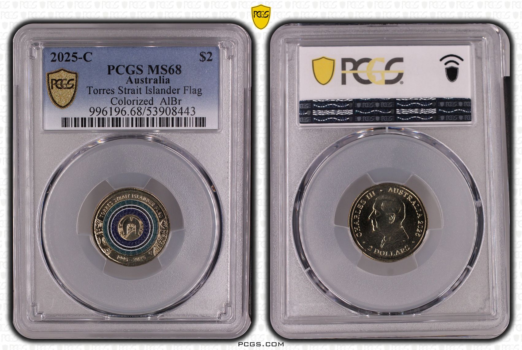Torres Strait Islander Flag Colourised AlBr, Two Dollar, 2025-C, PCGS MS68
