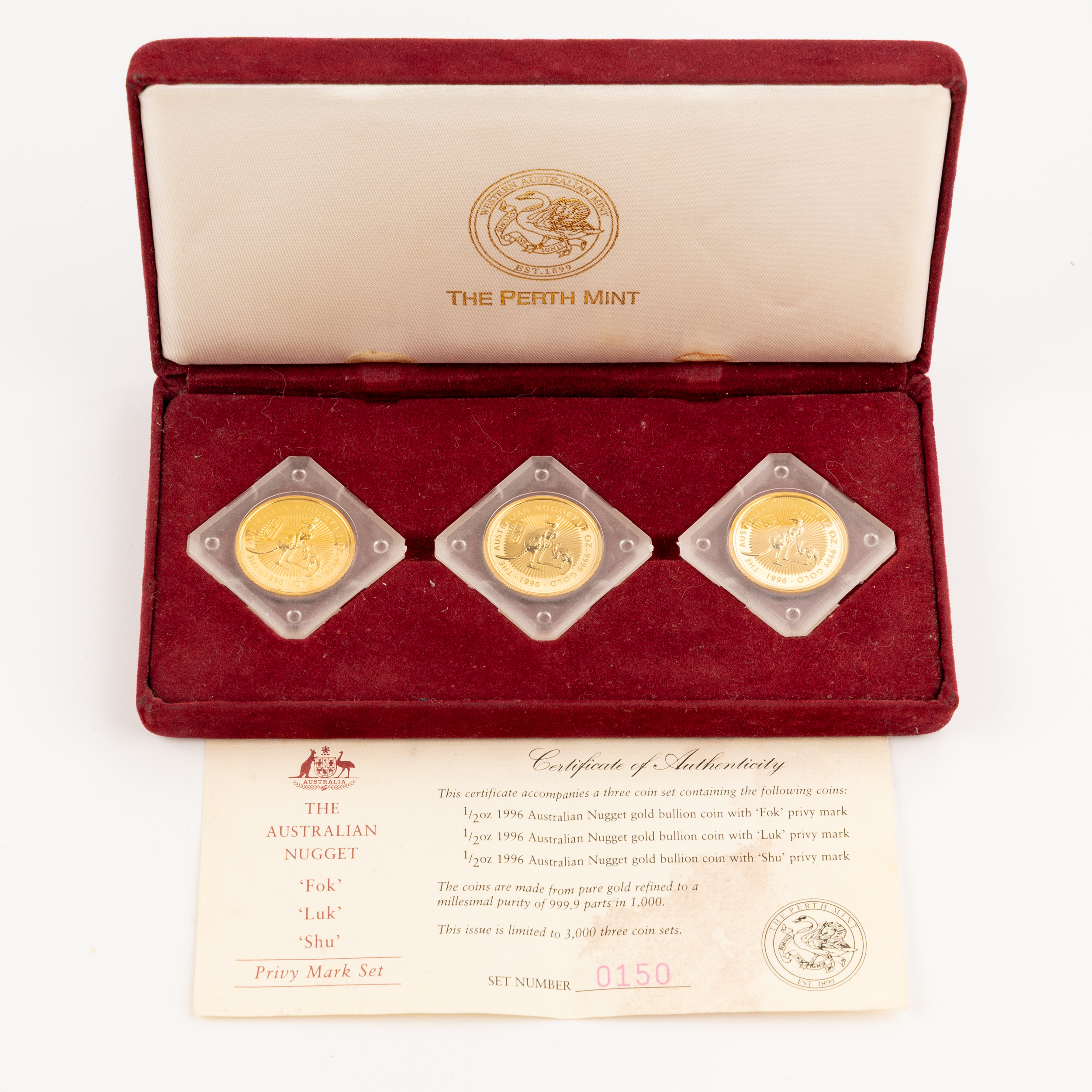 Elizabeth II, The Australian Nugget 'Fok', 'Luk', 'Shu' Privy Mark Set, Fifty Dollars, 1996, FDC
