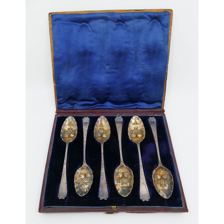 6pc English Georgian Sterling Silver Berry Pattern Teaspoon Set in Presentation Box