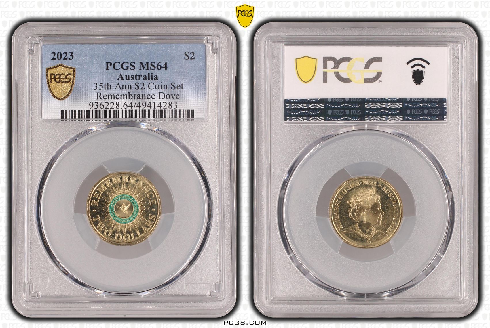 Elizabeth II, 35th Ann $2 Coin Set Remembrance Dove , Two Dollar, 2023, PCGS MS64