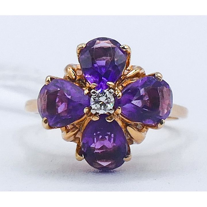Ladies 14k Amethyst & Diamond Floral Ring Size 7 - 3.8 Grams