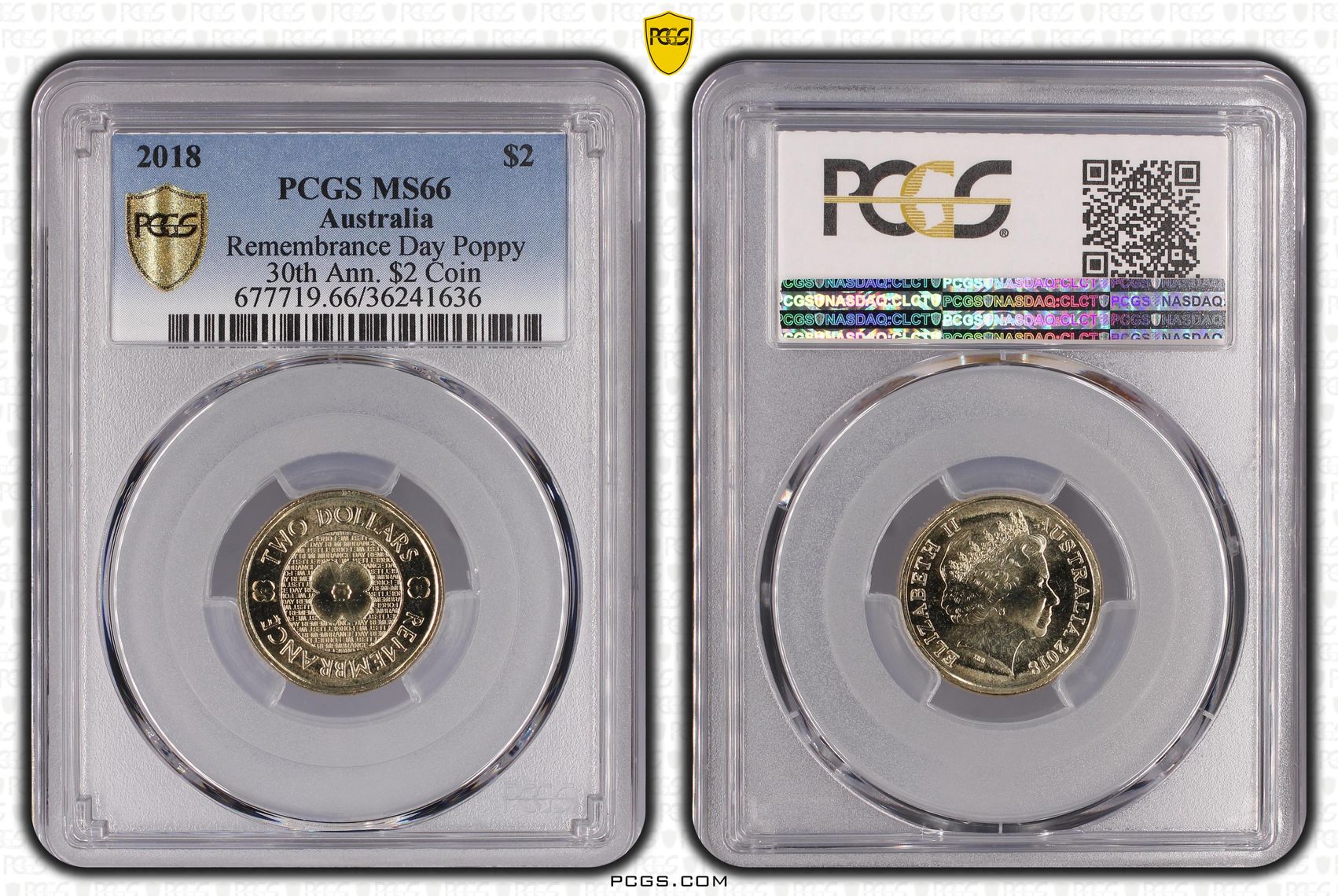 406 · Remembrance Day Poppy 30th Ann. $2 Coin , Two Dollar, 2018, PCGS MS66