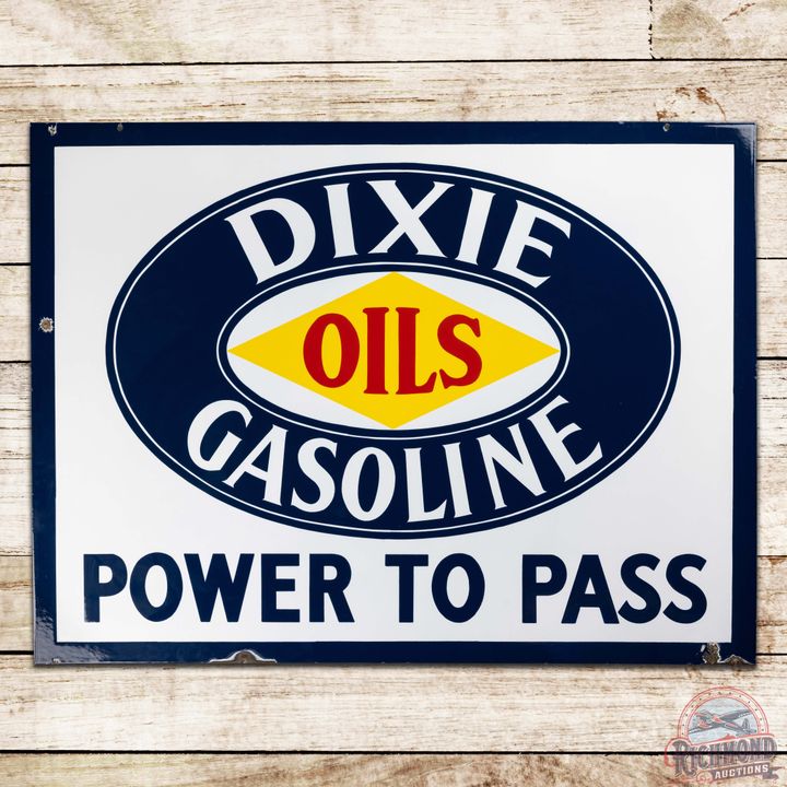Excellent Dixie Oils Gasoline "Power to Pass" 48" Double Sided Porcelain Sign w/ Logo