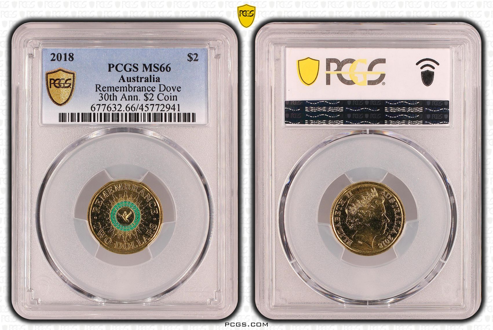 Elizabeth II, Remembrance Dove 30th Ann. $2 Coin, Two Dollar, 2018, PCGS MS 66