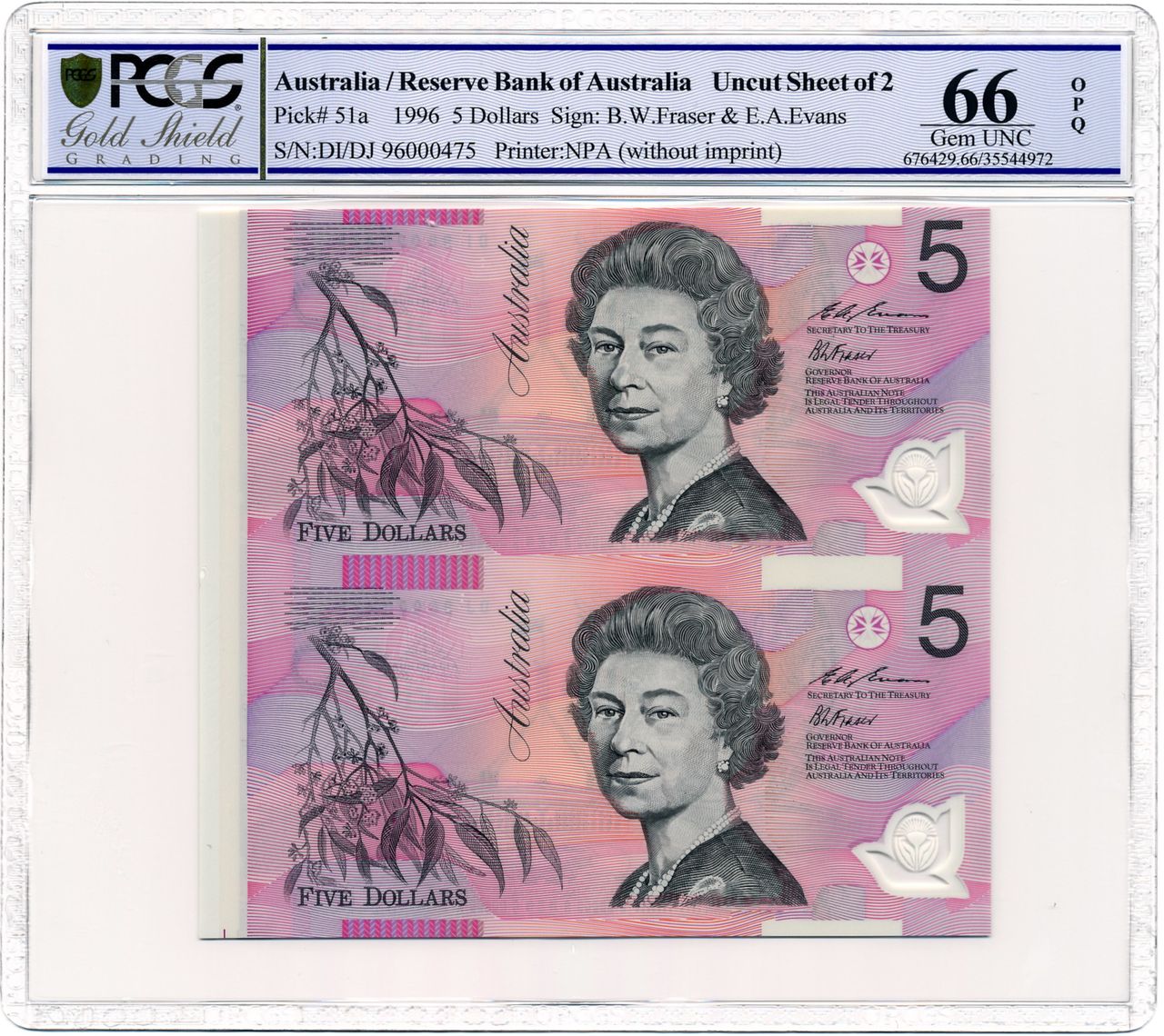 Fraser/Evans, Uncut Sheet, Five Dollar, 1996, 66 Gem UNC