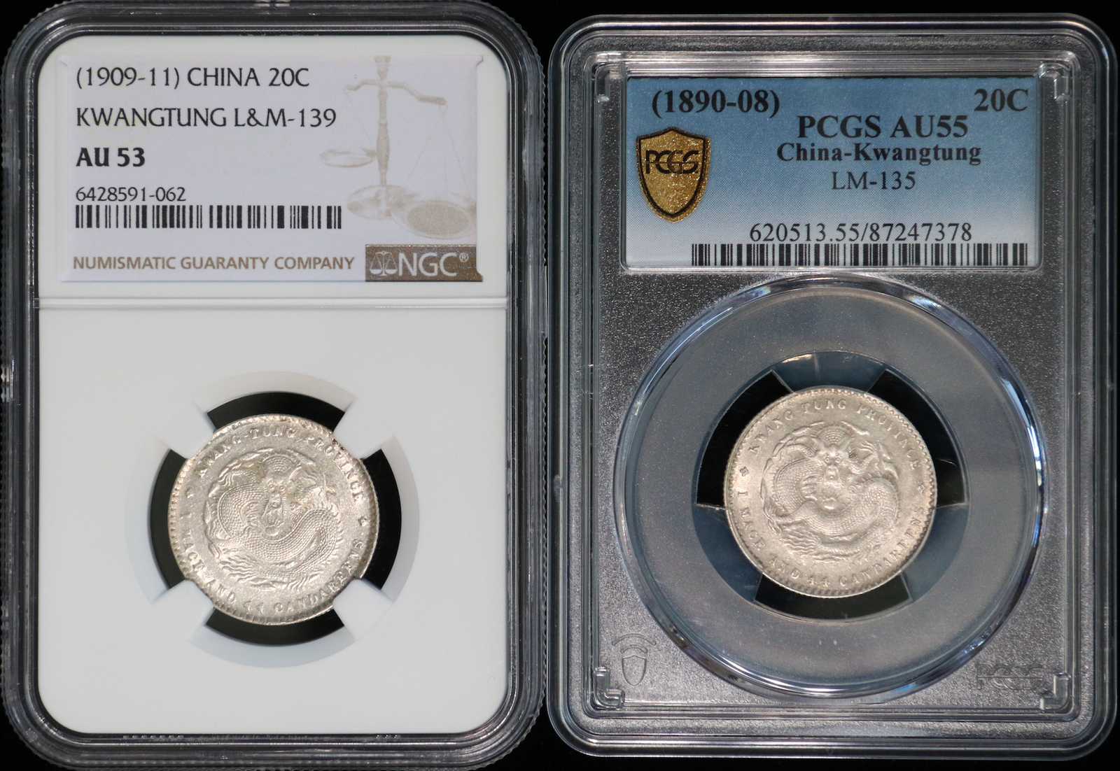 China Kwangtung 1890-11 20 Cents PCGS/NGC AU 53-55(2pcs