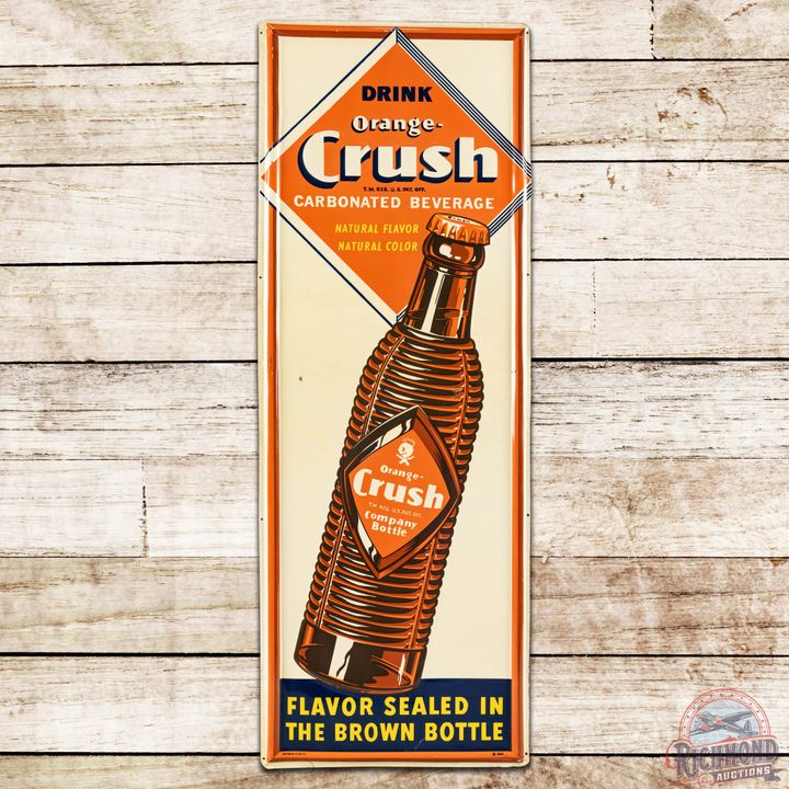 Drink Orange Crush Embossed SST Sign w/ Crushy & Bottle