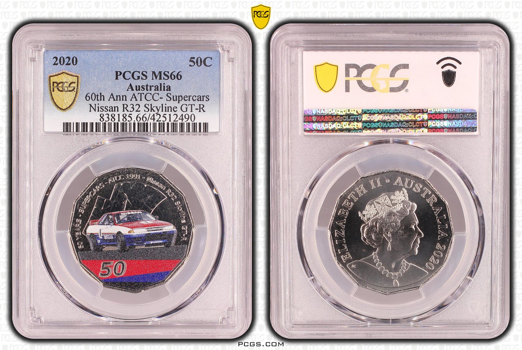 381 · 60th Ann ATCC Colorized Nissan R32 Skyline GT-R, Fifty Cent, 2020, PCGS MS66