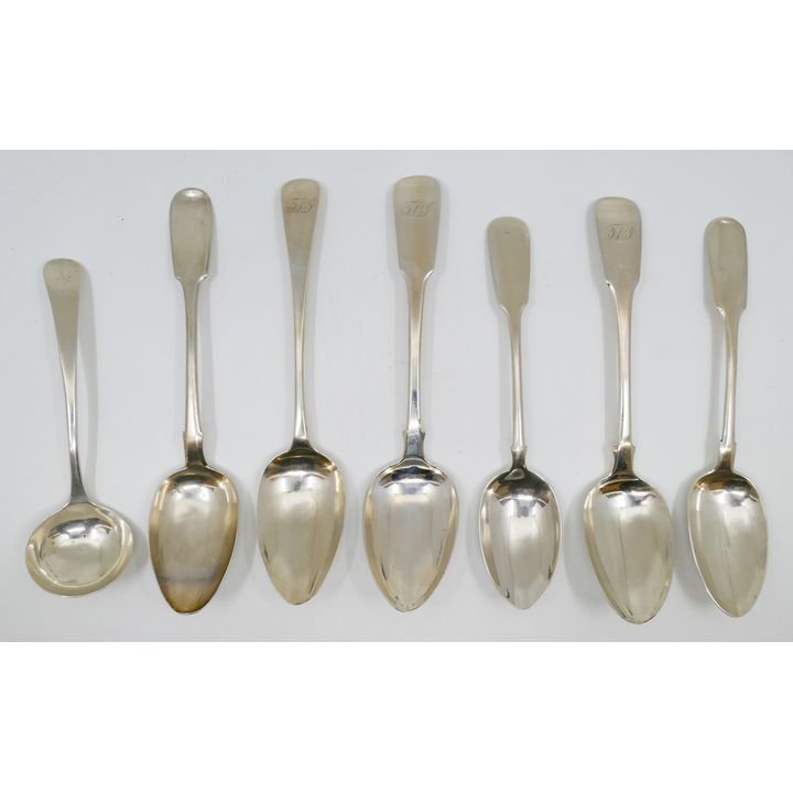 Box 7pc Antique Russian & English Sterling Serving Spoons 6'' to 9'' -