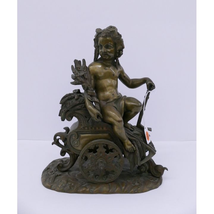 Antique French Child on Chariot Bronze- 12x10''