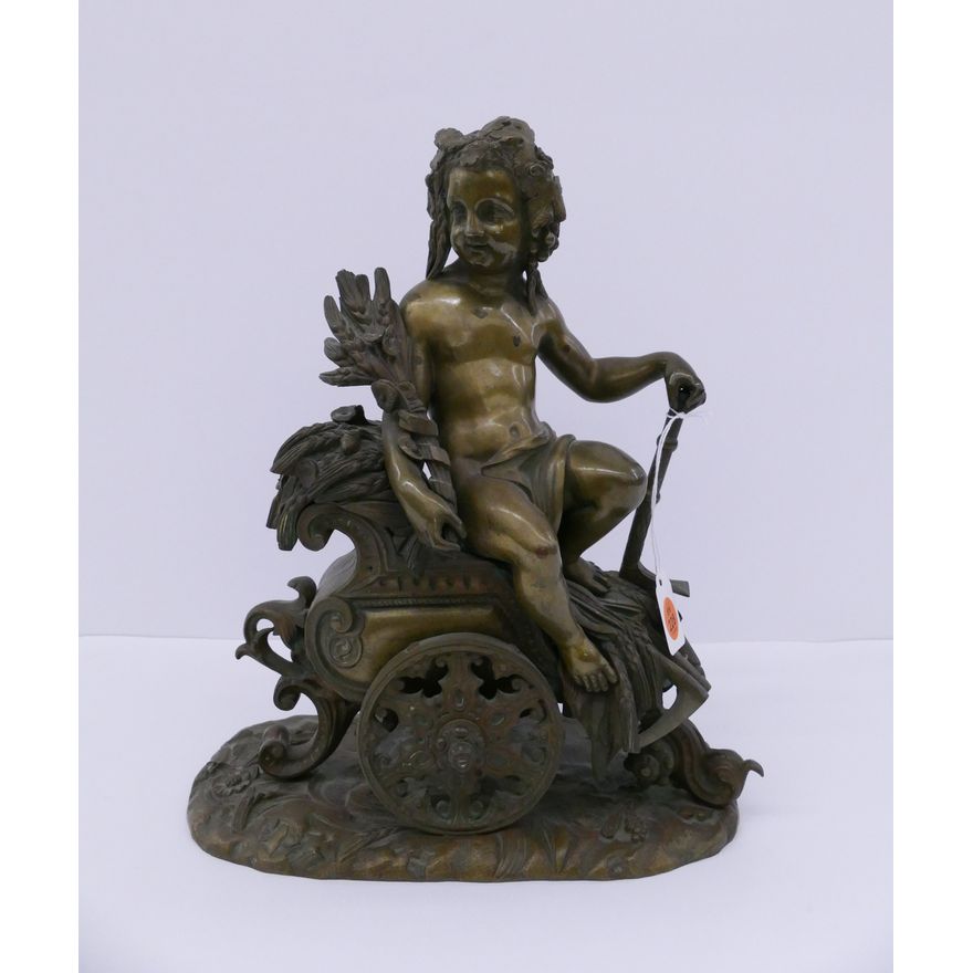 Antique French Child on Chariot Bronze- 12x10''