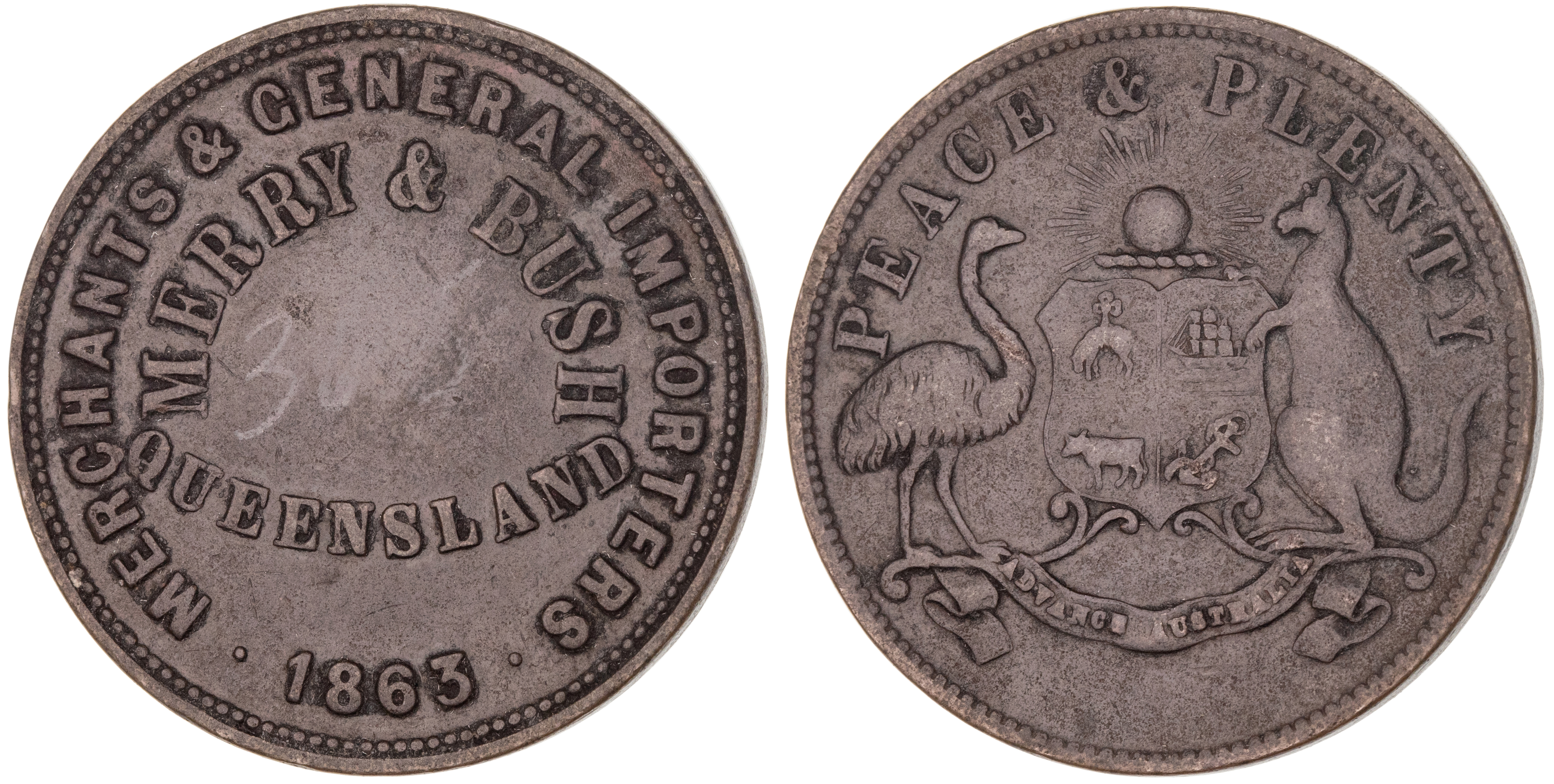 Brisbane, Queensland, Merry & Bush, Penny, 1863, aVF