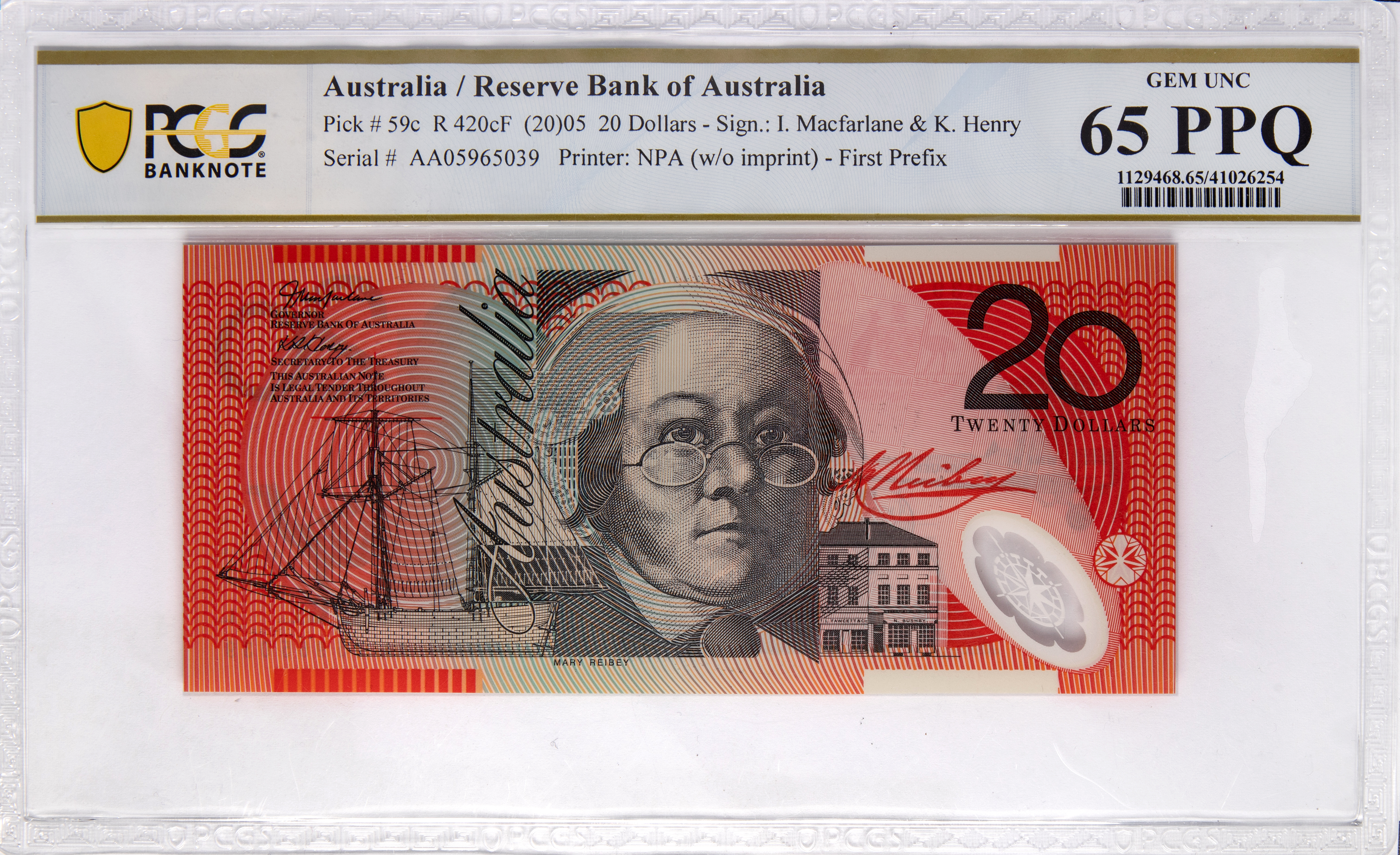 Macfarlane/ Henry, First Prefix, Twenty Dollar, 2005, PCGS Gem UNC 65 PPQ