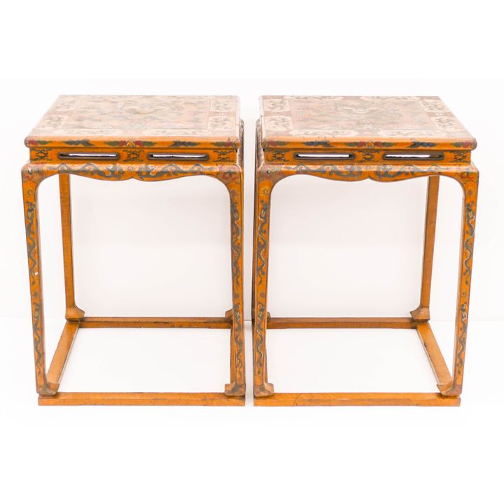Pair Chinese Imperial Dragon Lacquered Square Tables
