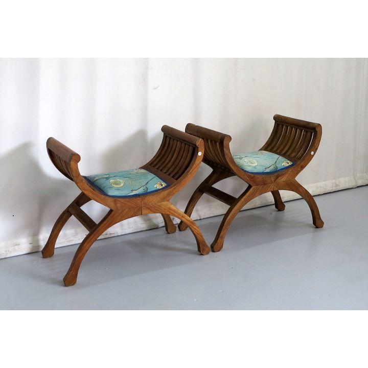 PAIR OF UPHOLSTERED SLATTED STOOLS