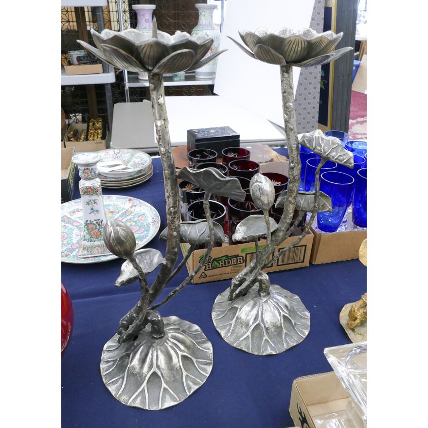 Pair Silverplated Lotus Pricket Candle Stands- 20''