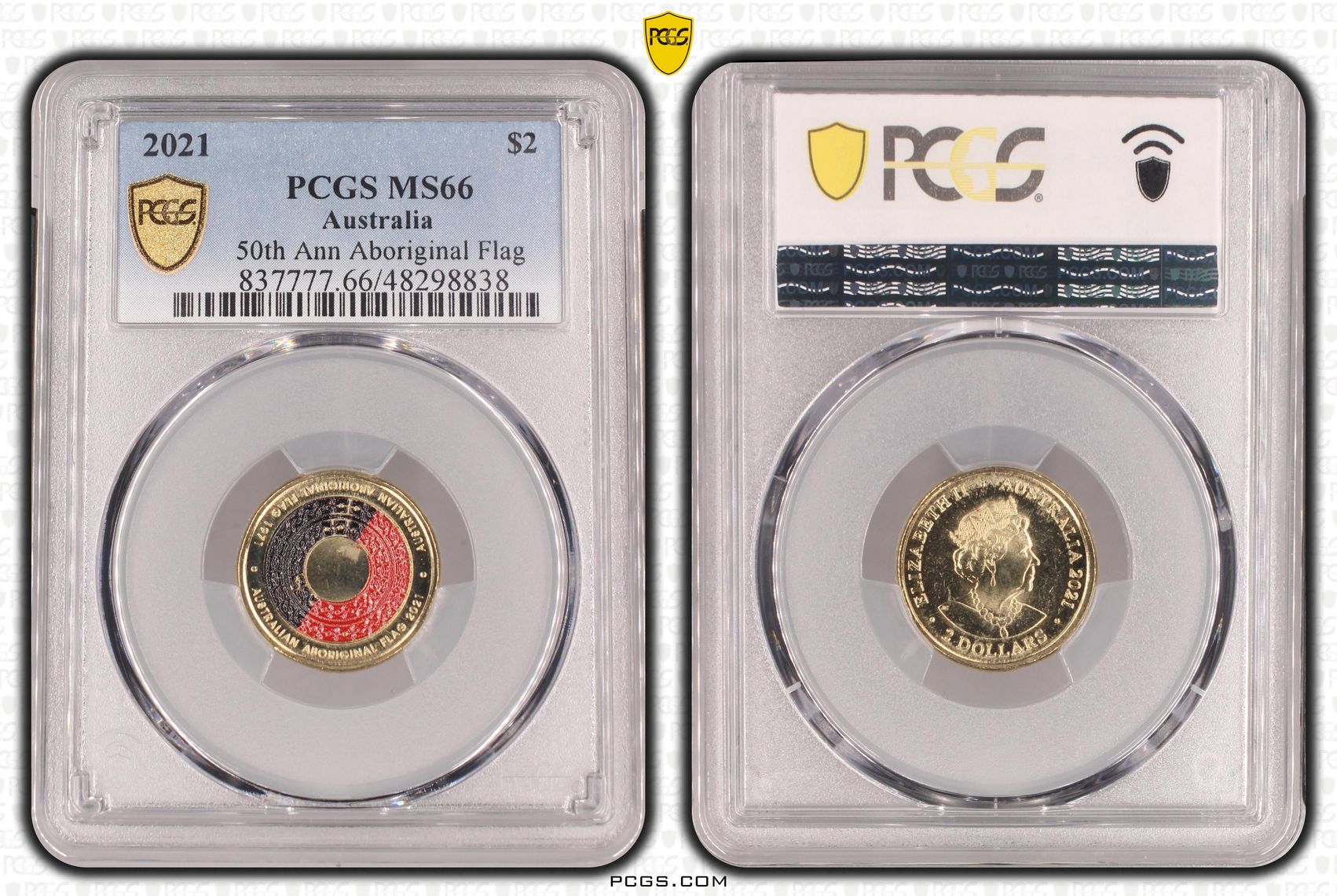 50th Ann Aboriginal Flag Colourised, Two Dollar, 2021, PCGS MS66