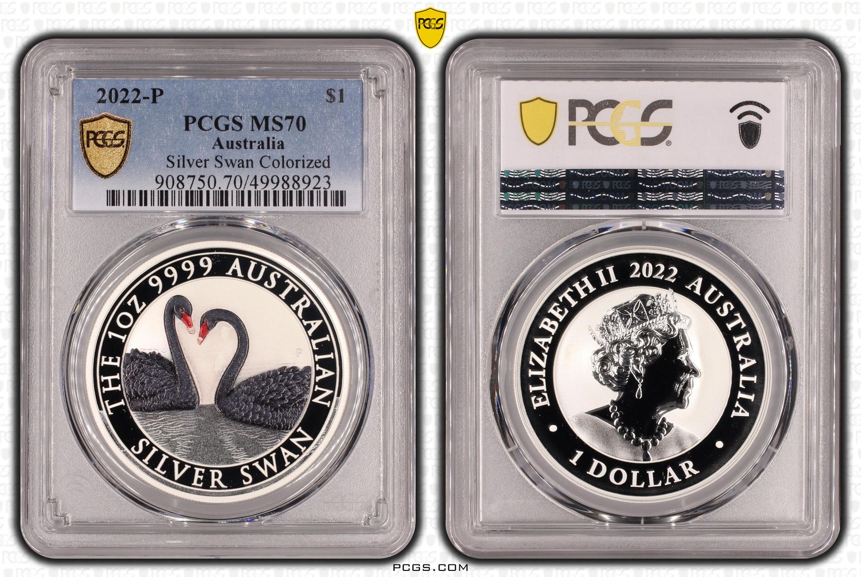 Silver Swan Colorized, One Dollar, 2022-P, PCGS MS70