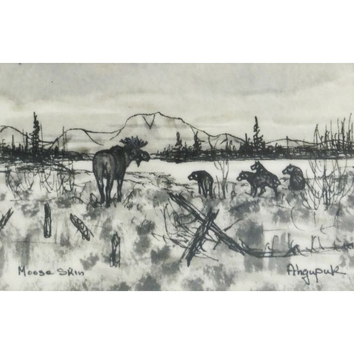 George Aghupuk Moose in Landscape Ink on Moose Skin Framed- 8x10''