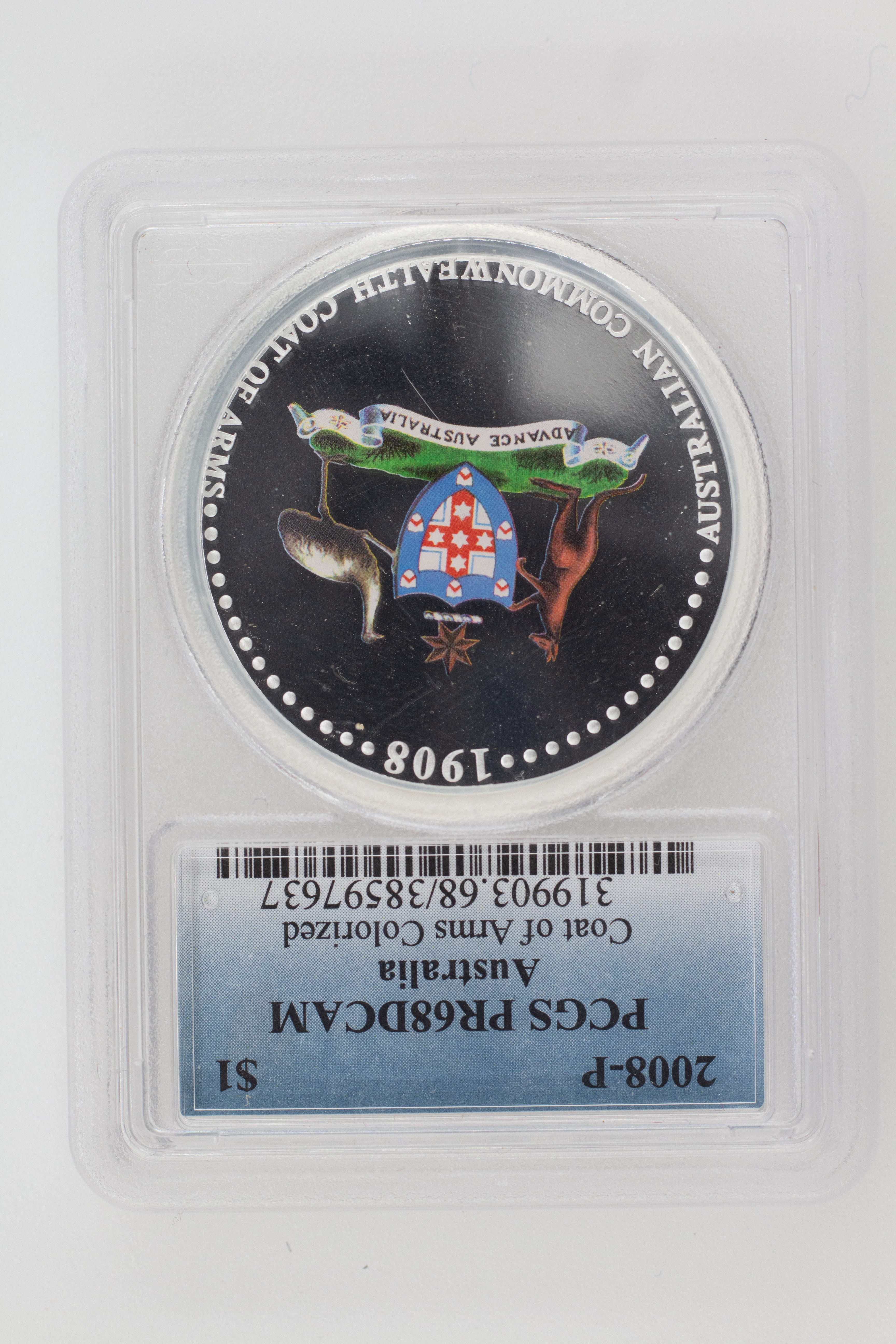 2008-P Australia One Dollar, $1 Coat of Arms Colorized PCGS - PR68DCAM -637