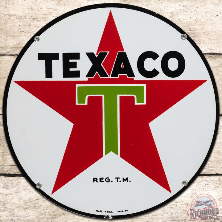1946 Texaco 15" SS Porcelain Sign "White T"