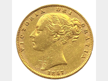 1857 VICTORIA YOUNG HEAD SHIELD GOLD SOVEREIGN