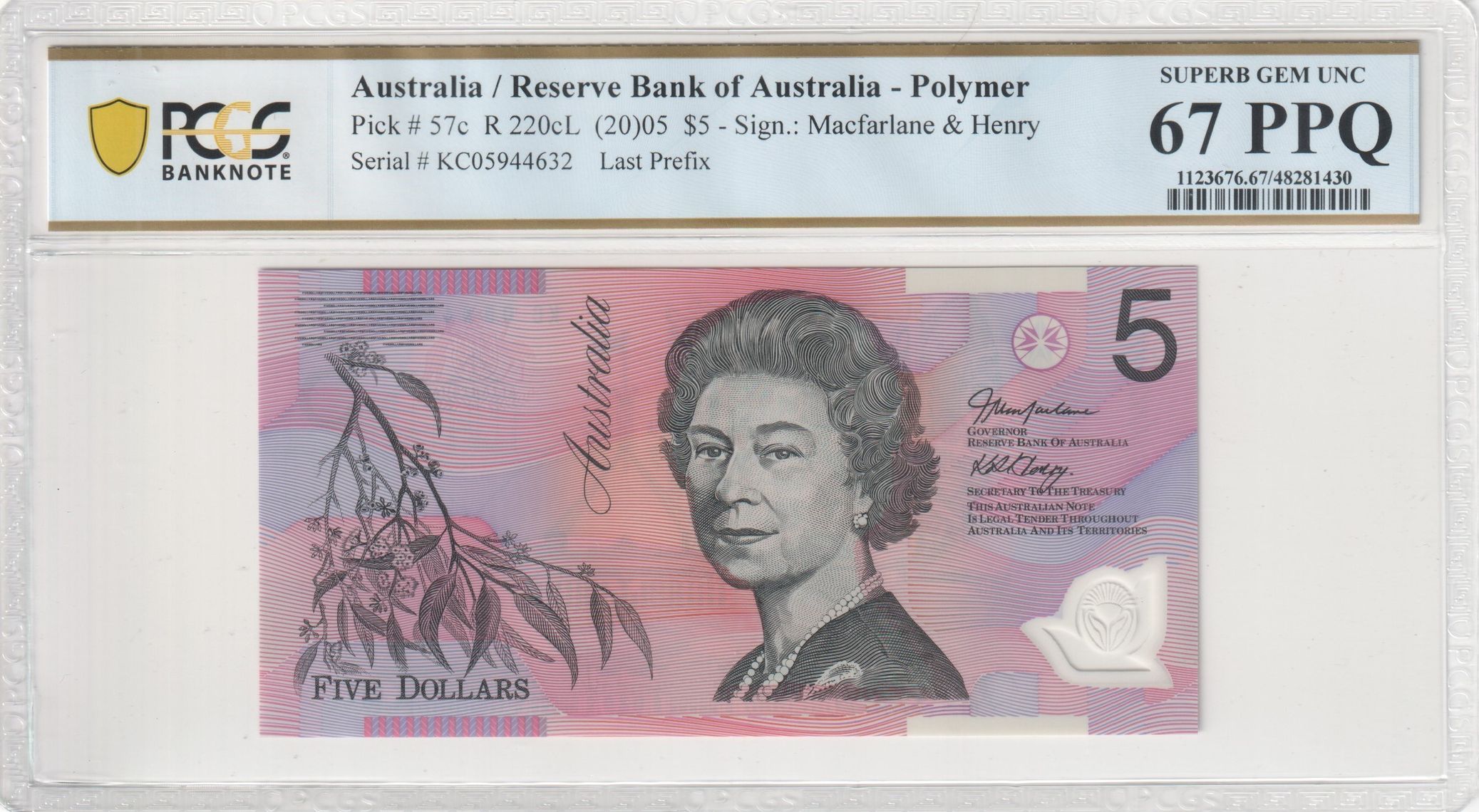 Macfarlane/Henry, Last Prefix, Five Dollar, 2005, PCGS Superb Gem UNC 67 PPQ