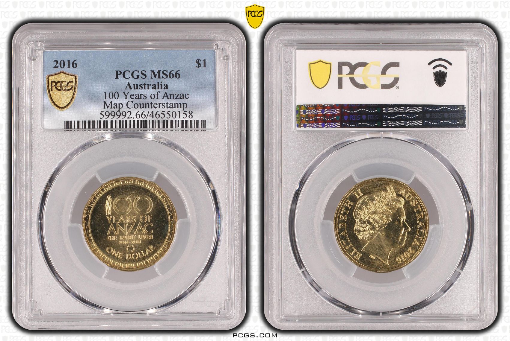 254 · 100 Years of Anzac Map Counterstamp, One Dollar, 2016, PCGS MS66