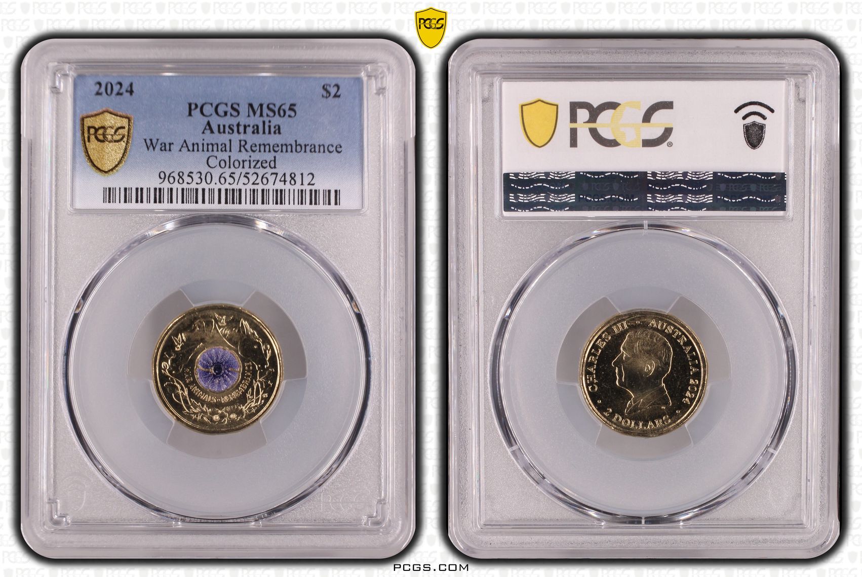 War Animal Remembrance Colourised, Two Dollar, 2024, PCGS MS65