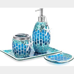 JOEYAN HANDMADE BLUE GLASS BATHROOM ACCESSORIES SET,MOSAIC DECORATIVE BATHROOM SET INCLUDES SOAP DISPENSER & TOOTHBRUSH HOLDER & S
