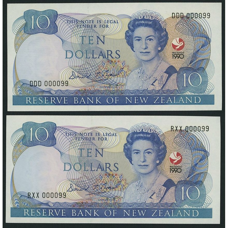 Reserve Bank of New Zealand, [2 notes] commemorative 10 Dollars, 1990 ...