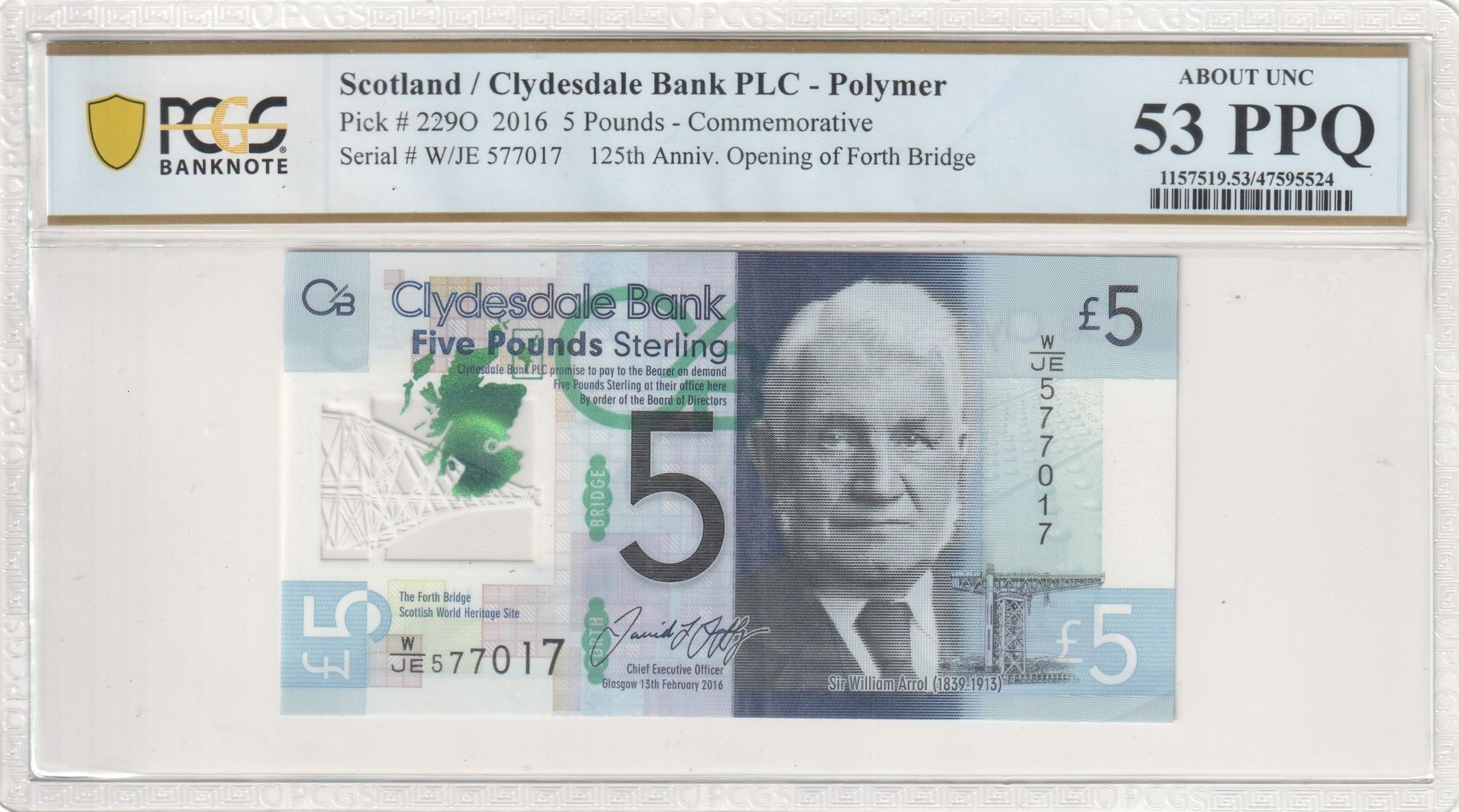 Scotland, Clydesdale Bank PLC, Polymer, Commemorative, 125th Anniv. Opening of Forth Bridge, Five Pound, 2016, PCGS About UNC 53 PPQ