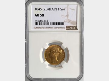 1845 VICTORIA YOUNG HEAD LONDON MINT SHIELD GOLD SOVEREIGN AU58