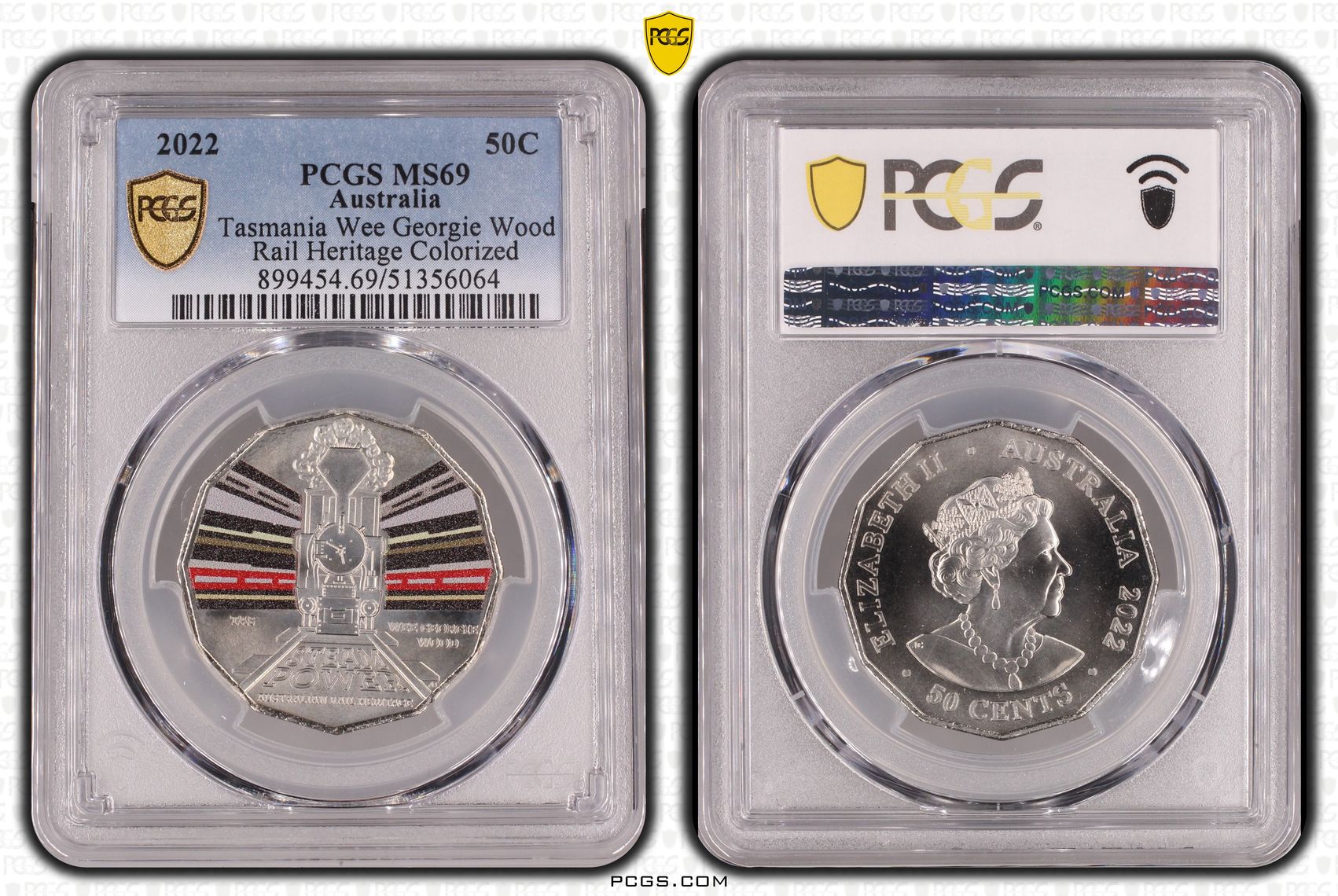 Tasmania Wee Georgie Wood - Rail Heritage Colorized, Fifty Cent, 2022, PCGS MS69