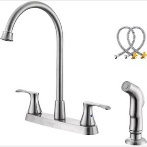 KITCHEN FAUCET WITH SIDE SPRAYER KIRLYSTONE KITCHEN FAUCET WITH SIDE SPRAYER, BRUSHED NICKEL 2-HANDLE FAUCET FOR 4 HOLES KITCHEN S