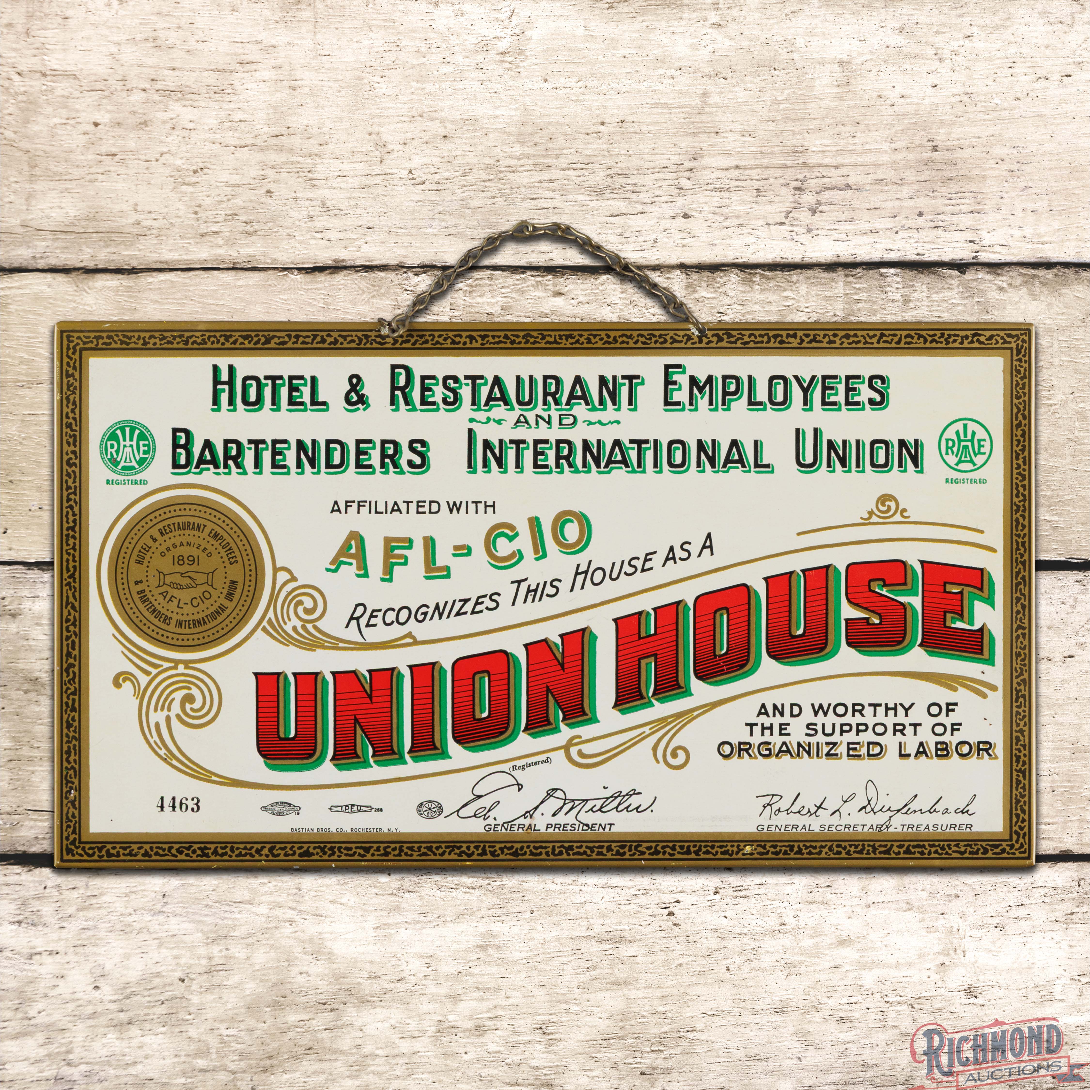 Hotel & Restaurant Bartenders Union House Single Sided Tin Sign ...