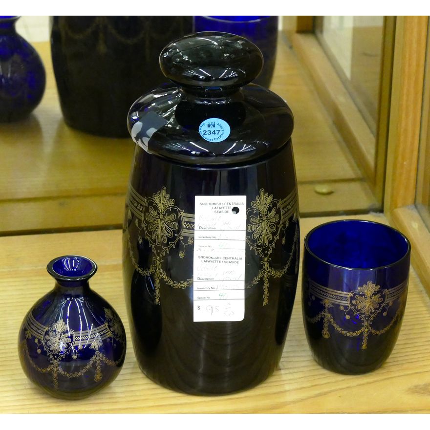 3pc Etched Cobalt Biscuit Jar Etc. - Largest 9''