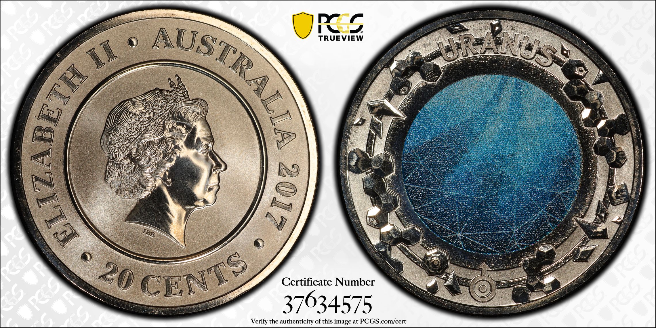 2017 Australia Twenty Cent, 20c Planetary Coins Uranus PCGS - MS69 -575