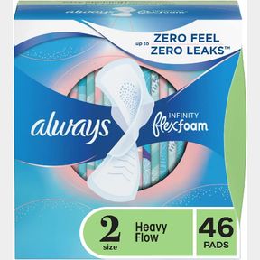 ALWAYS INFINITY FEMININE PADS FOR WOMEN, SIZE 2 REGULAR, WITH WINGS, UNSCENTED, 46CT